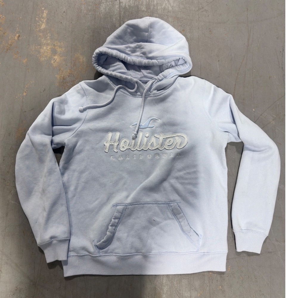 Hollister California Women Light Blue Embroidered Logo Hoodie Sweatshirt Size M